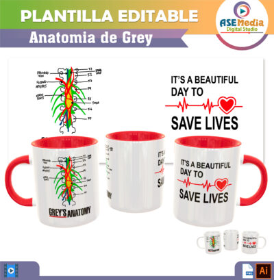 Anatomia de Grey Plantilla Editable para Sublimación de Taza