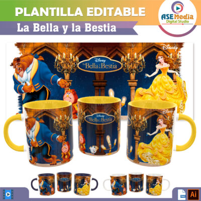 La Bella y La Bestia Plantilla Editable para Taza