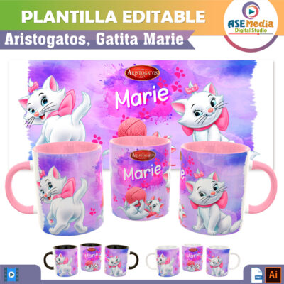 Aristogatos, Gatita Marie Plantilla Editable para Sublimación de Taza