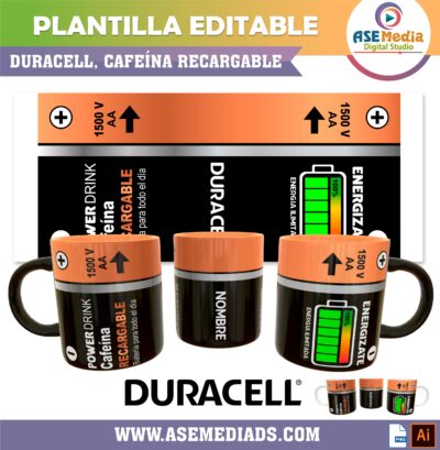 Bateria Duracell, Cafeína Recargable Plantilla Editable para Taza