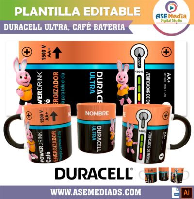 Bateria Duracell Ultra, Café Bateria Plantilla Editable para Taza