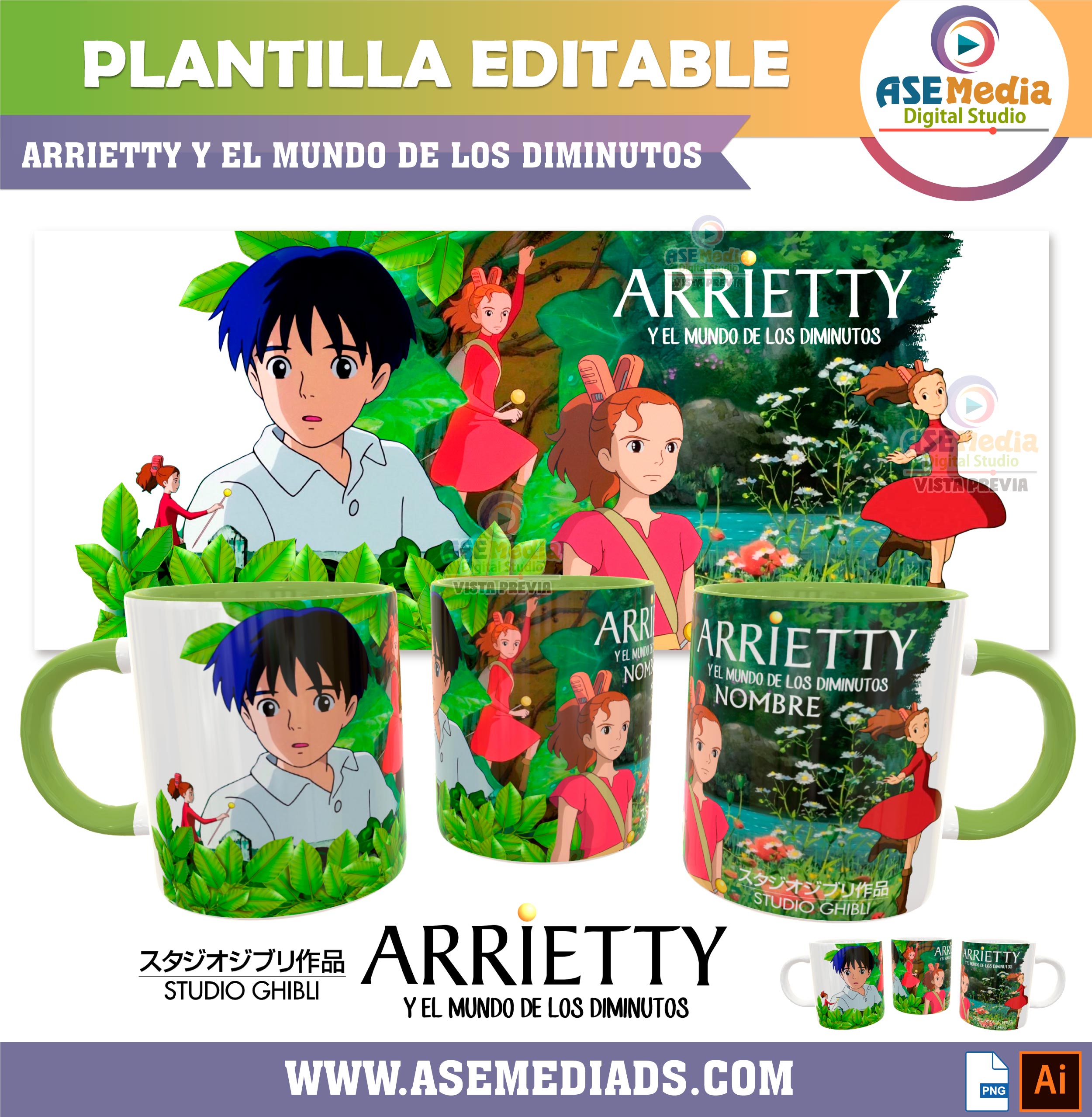 Arrietty y el Mundo de los Diminutos Studio Ghibli Plantilla Editable para Taza