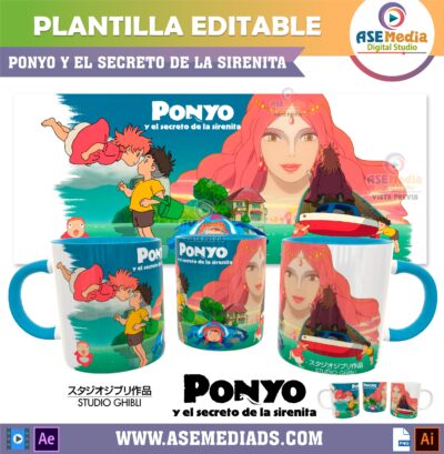 Ponyo y El Secreto de la Sirenita Studio Ghibli Plantilla Editable para Taza