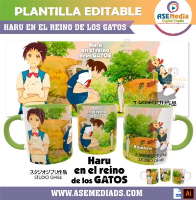 Haru en el Reino de los Gatos Studio Ghibli Plantilla Editable para Taza