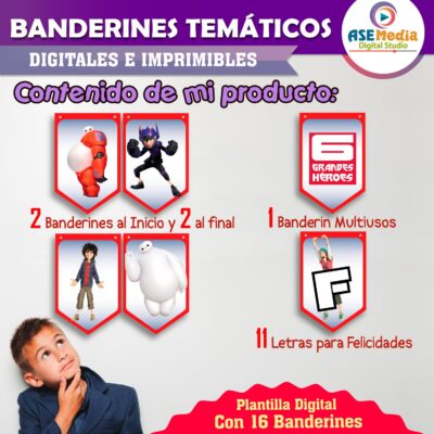 6 Grandes Héroes Baymax Banderines Temáticos Imprimibles para Cumpleaños