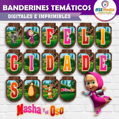 Masha y El Oso Banderines Temáticos Imprimibles para Cumpleaños