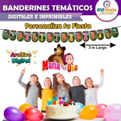 Masha y El Oso Banderines Temáticos Imprimibles para Cumpleaños