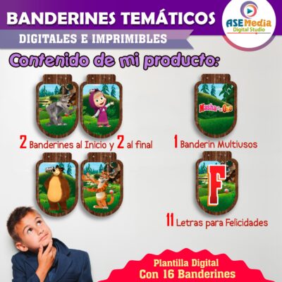 Masha y El Oso Banderines Temáticos Imprimibles para Cumpleaños