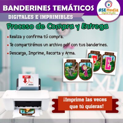 Masha y El Oso Banderines Temáticos Imprimibles para Cumpleaños