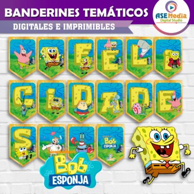 Bob Esponja Banderines Temáticos Imprimibles para Cumpleaños