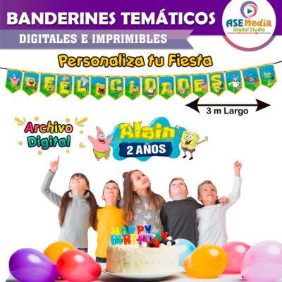 Bob Esponja Banderines Temáticos Imprimibles para Cumpleaños