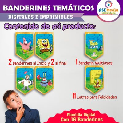Bob Esponja Banderines Temáticos Imprimibles para Cumpleaños