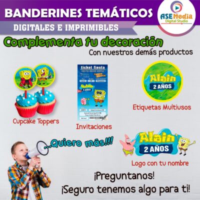 Bob Esponja Banderines Temáticos Imprimibles para Cumpleaños