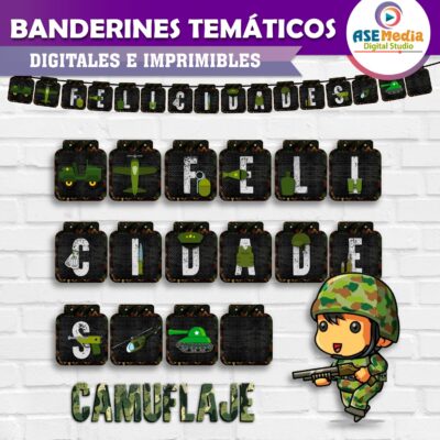 Camuflaje Soldado Banderines Temáticos Imprimibles para Cumpleaños