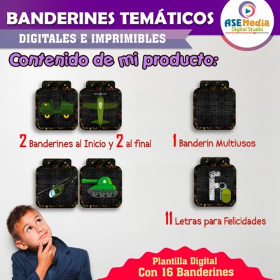 Camuflaje Soldado Banderines Temáticos Imprimibles para Cumpleaños