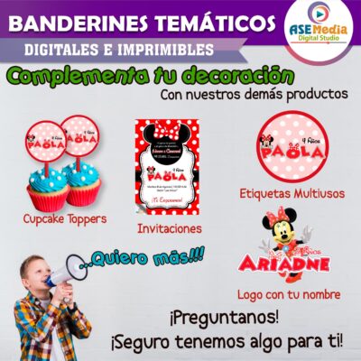 Minnie Mouse Banderines Temáticos Imprimibles para Cumpleaños