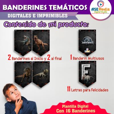 Jurassic World Dinosaurios Banderines Temáticos Imprimibles para Cumpleaños