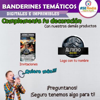 Jurassic World Dinosaurios Banderines Temáticos Imprimibles para Cumpleaños