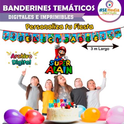 Mario Bross Banderines Temáticos Imprimibles para Cumpleaños