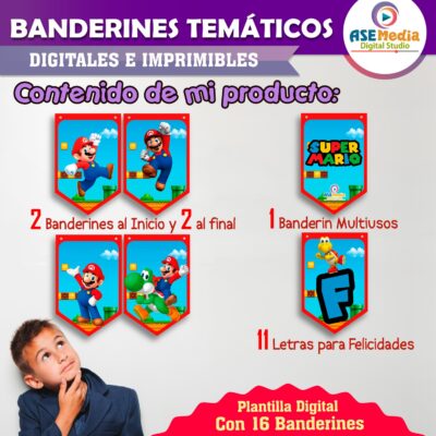 Mario Bross Banderines Temáticos Imprimibles para Cumpleaños