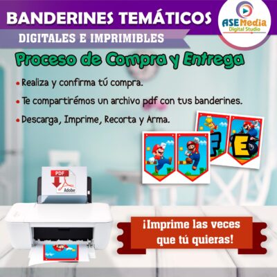Mario Bross Banderines Temáticos Imprimibles para Cumpleaños