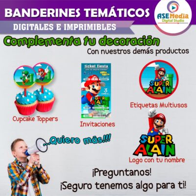 Mario Bross Banderines Temáticos Imprimibles para Cumpleaños