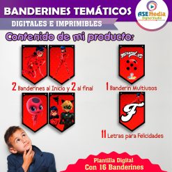 Miraculous, Las Aventuras de Ladybug Banderines Temáticos Imprimibles para Cumpleaños