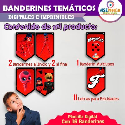 Miraculous, Las Aventuras de Ladybug Banderines Temáticos Imprimibles para Cumpleaños