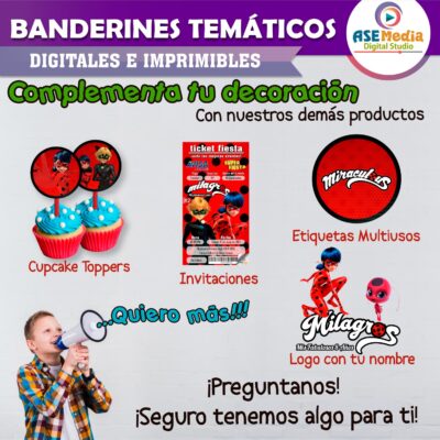 Miraculous, Las Aventuras de Ladybug Banderines Temáticos Imprimibles para Cumpleaños