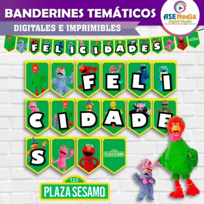 Plaza Sésamo Banderines Temáticos Imprimibles para Cumpleaños