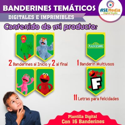 Plaza Sésamo Banderines Temáticos Imprimibles para Cumpleaños