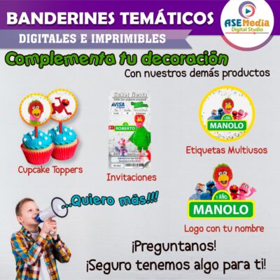 Plaza Sésamo Banderines Temáticos Imprimibles para Cumpleaños