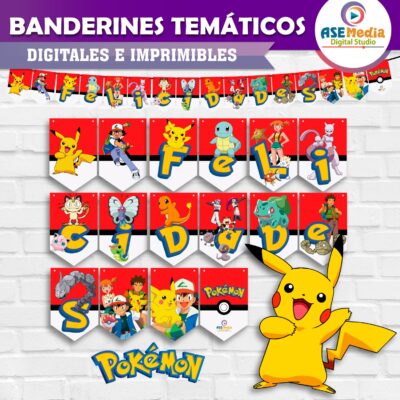 Pokémon Banderines Temáticos Imprimibles para Cumpleaños