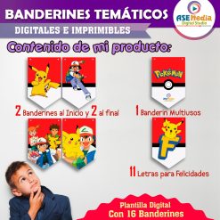 Pokémon Banderines Temáticos Imprimibles para Cumpleaños