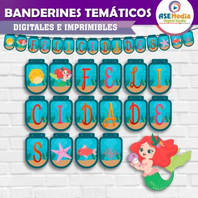 Sirenas Mar Banderines Temáticos Imprimibles para Cumpleaños