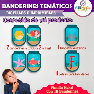Sirenas Mar Banderines Temáticos Imprimibles para Cumpleaños