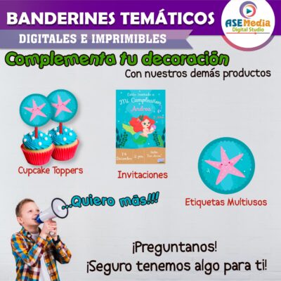 Sirenas Mar Banderines Temáticos Imprimibles para Cumpleaños