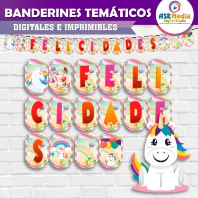 Unicornios Banderines Temáticos Imprimibles para Cumpleaños