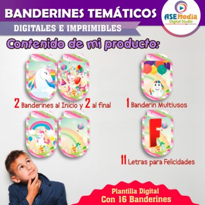 Unicornios Banderines Temáticos Imprimibles para Cumpleaños