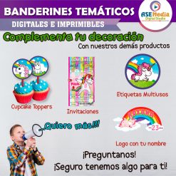 Unicornios Banderines Temáticos Imprimibles para Cumpleaños