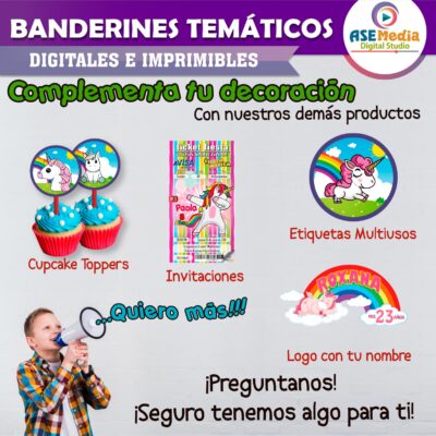 Unicornios Banderines Temáticos Imprimibles para Cumpleaños