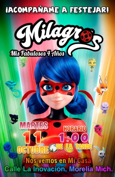 Miraculous, Las Aventuras de Ladybug #04 Invitación de Cumpleaños Digital Personalizada