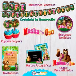 Masha y El Oso Banderines Temáticos Imprimibles para Cumpleaños