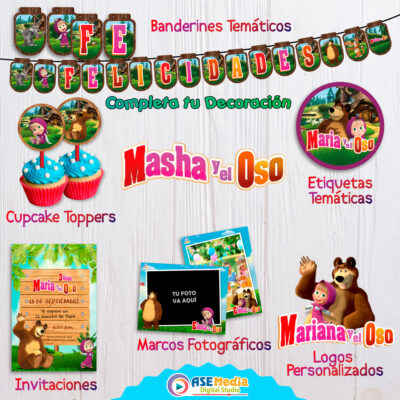 Masha y El Oso Banderines Temáticos Imprimibles para Cumpleaños