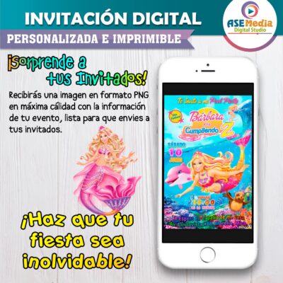Alternative view of Barbie Aventura de Sirenas Invitación de Cumpleaños Digital Personalizada