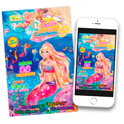 Barbie Aventura de Sirenas Invitación de Cumpleaños Digital Personalizada #04