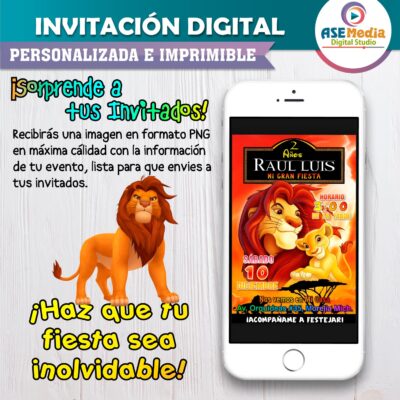 El Rey León Invitación de Cumpleaños Digital Personalizada