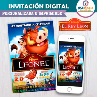 El Rey León, Timón y Pumba Invitación de Cumpleaños Digital Personalizada