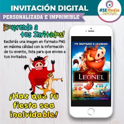 Alternative view of El Rey León, Timón y Pumba Invitación de Cumpleaños Digital Personalizada