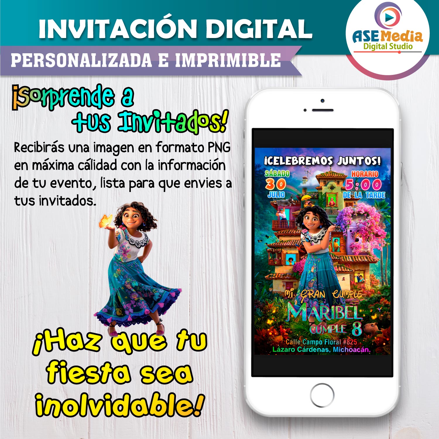 Encanto Mirabel Disney Invitación de Cumpleaños Digital Personalizada
